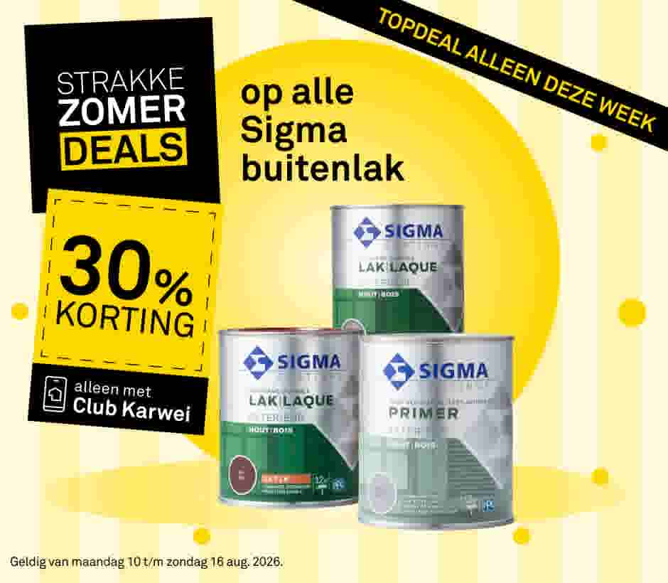 Drie blikken Sigma buitenlak en primer op gele achtergrond. Aanbieding: 30% korting met Club Karwei, geldig t/m 16 aug. 2026.