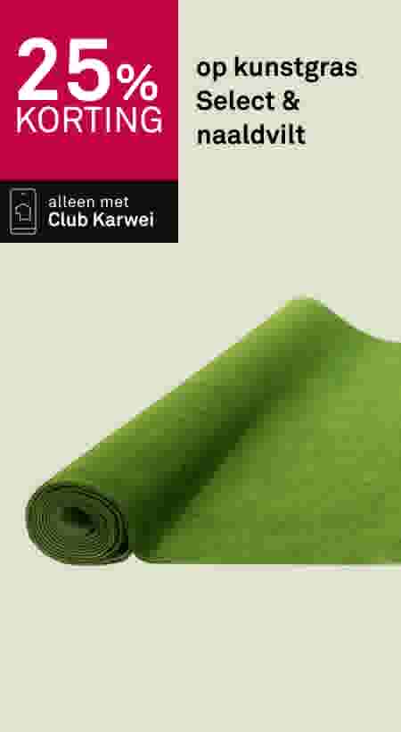 Groen kunstgras gedeeltelijk opgerold met 25% kortingsbanner en Club Karwei logo op beige achtergrond.