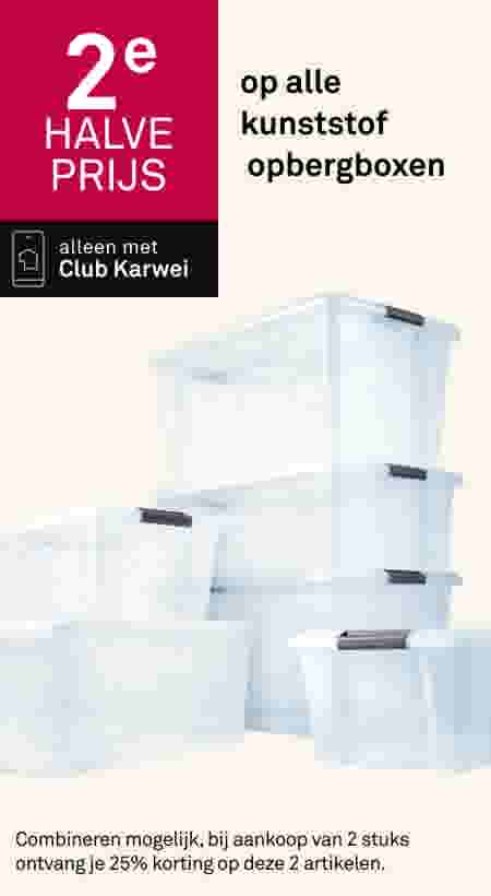 2e halve prijs op alle kunststof opbergboxen. Alleen met Club Karwei. Stapel doorzichtige plastic opbergboxen.