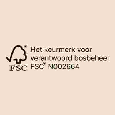 FSC-certificeringslogo met tekst 'Het keurmerk voor verantwoord bosbeheer FSC N002664' op beige achtergrond.