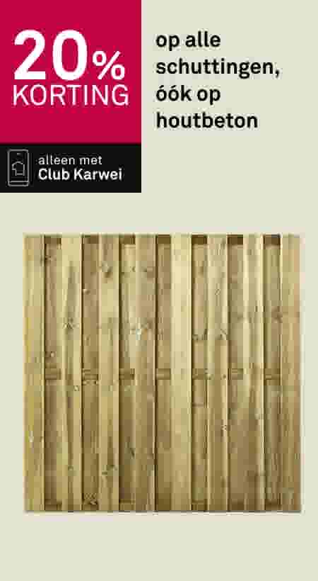 Houten schutting met 20% korting op alle schuttingen, ook op houtbeton, alleen met Club Karwei.