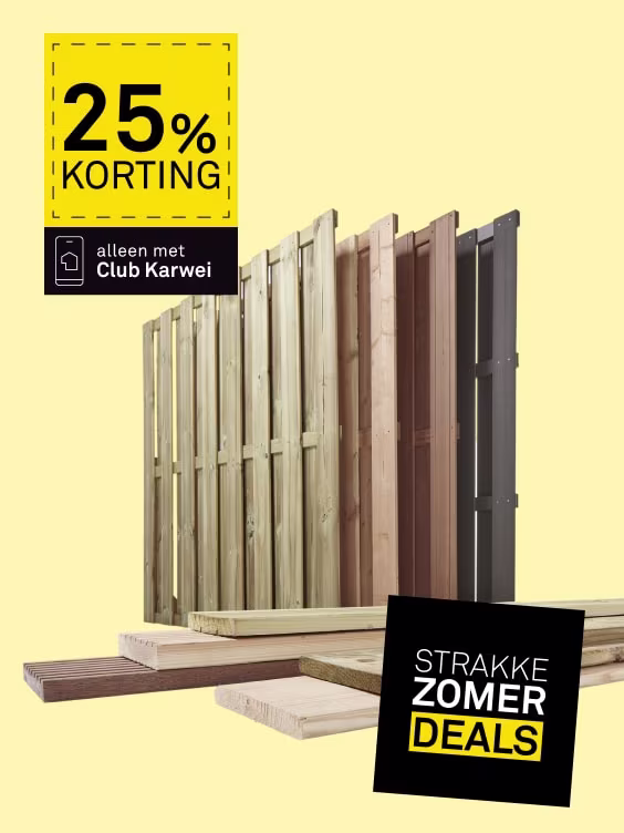 Houten schuttingpanelen in verschillende kleuren met 25% korting via Club Karwei. Strakke Zomer Deals actie.