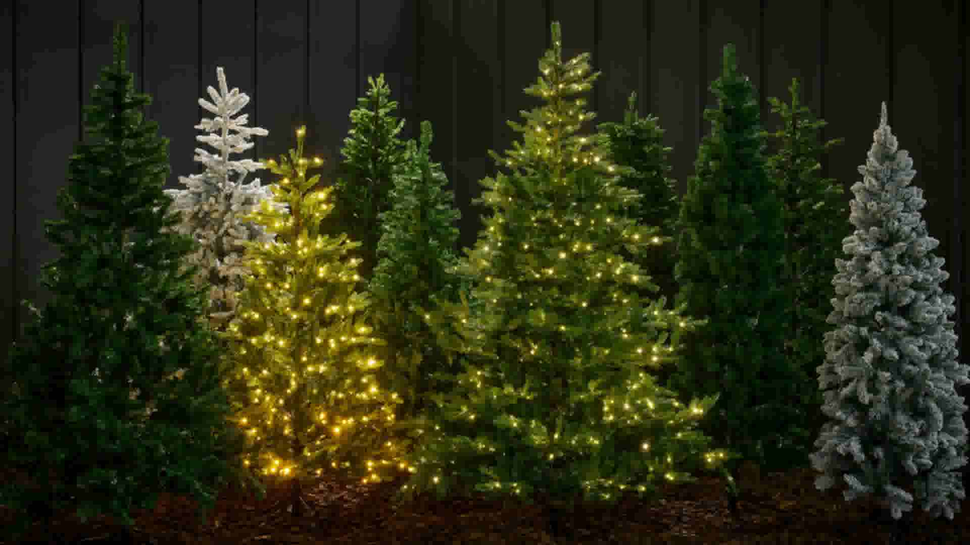 Rij kunstkerstbomen in verschillende stijlen: groene, besneeuwde witte en met lichtjes versierde exemplaren tegen donkere achtergrond.
