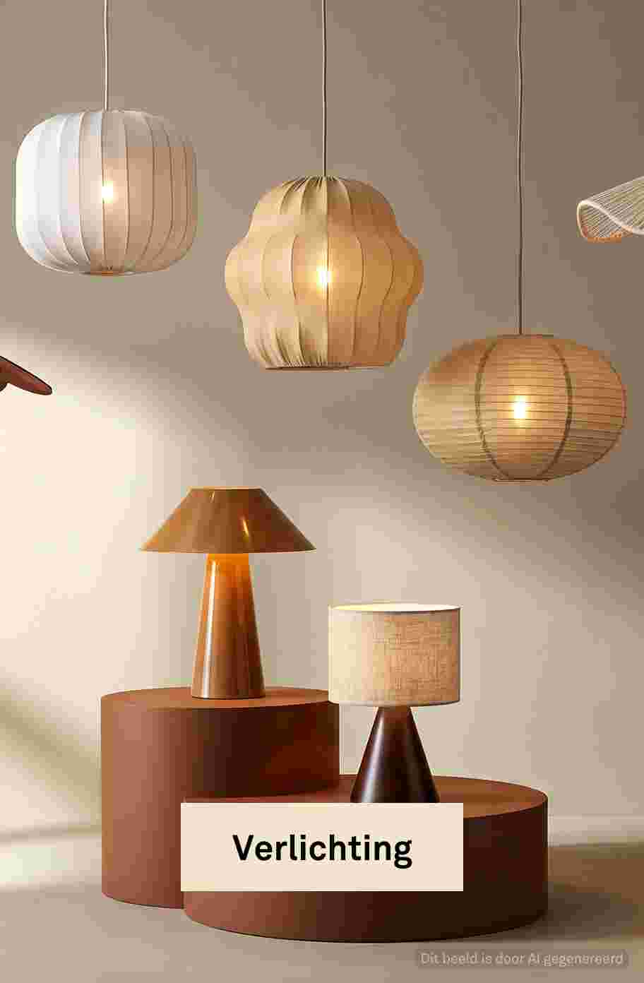 Moderne verlichtingscollectie met hangende papieren lampen en tafellampen op oranje podia tegen beige achtergrond.