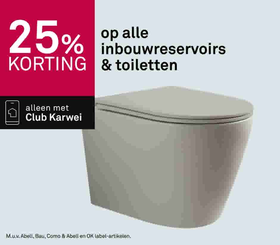 Beige wandtoilet met gesloten deksel, 25% korting op inbouwreservoirs en toiletten, alleen met Club Karwei.