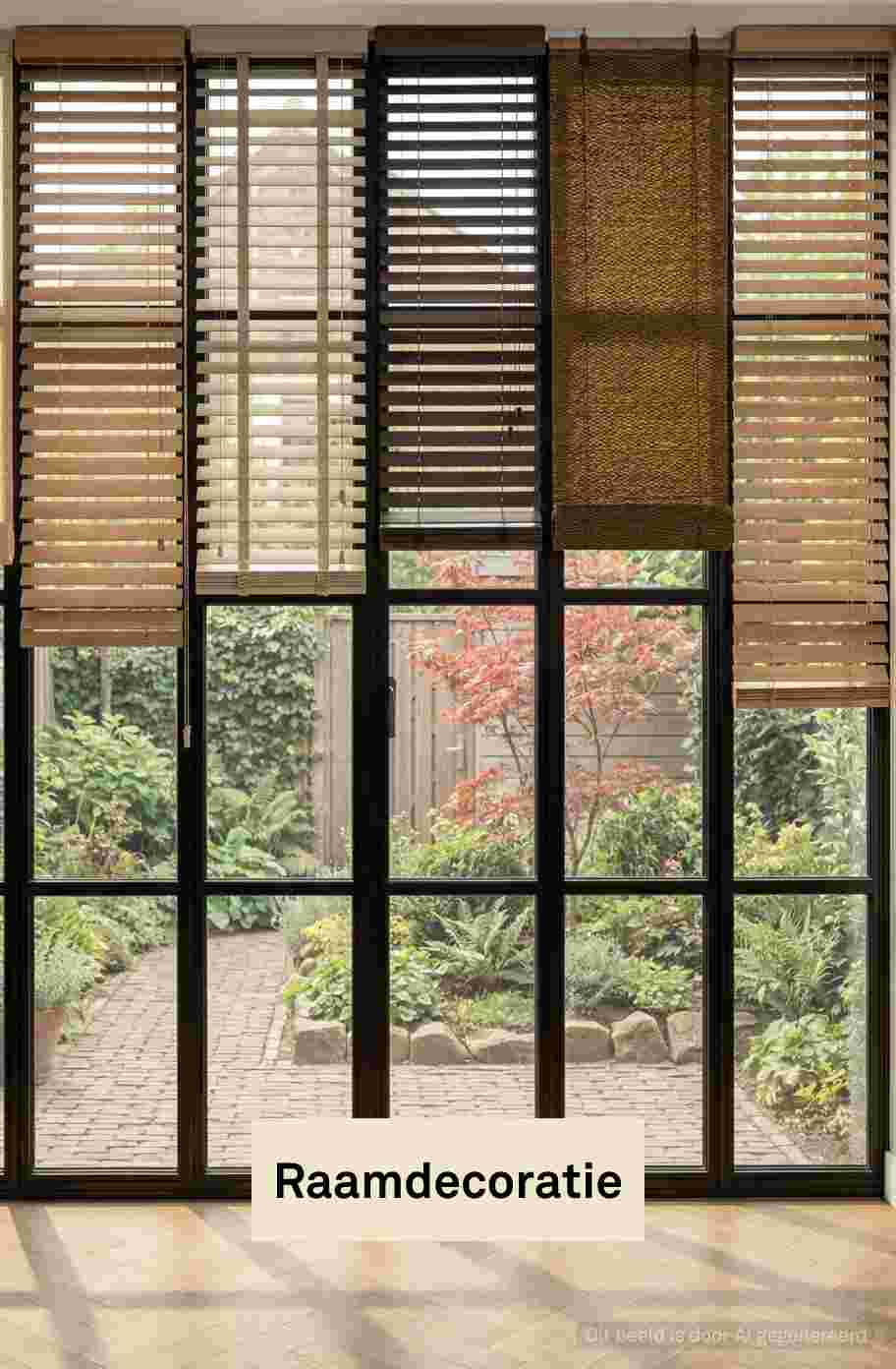 Vijf verschillende raamdecoraties in bruin, beige en donkerbruin tinten voor ramen met uitzicht op een tuin.