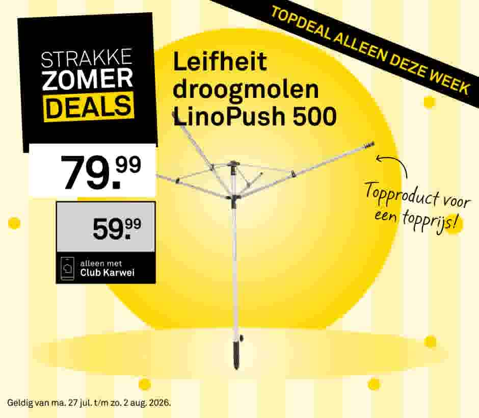 Leifheit droogmolen LinoPush 500 in een zomerdeal advertentie voor €59,99 met Club Karwei, normaal €79,99.