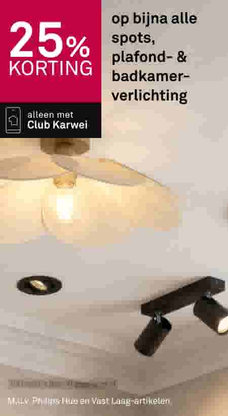 Plafondventilator met verlichting en zwarte spotlights op wit plafond, 25% korting met Club Karwei.