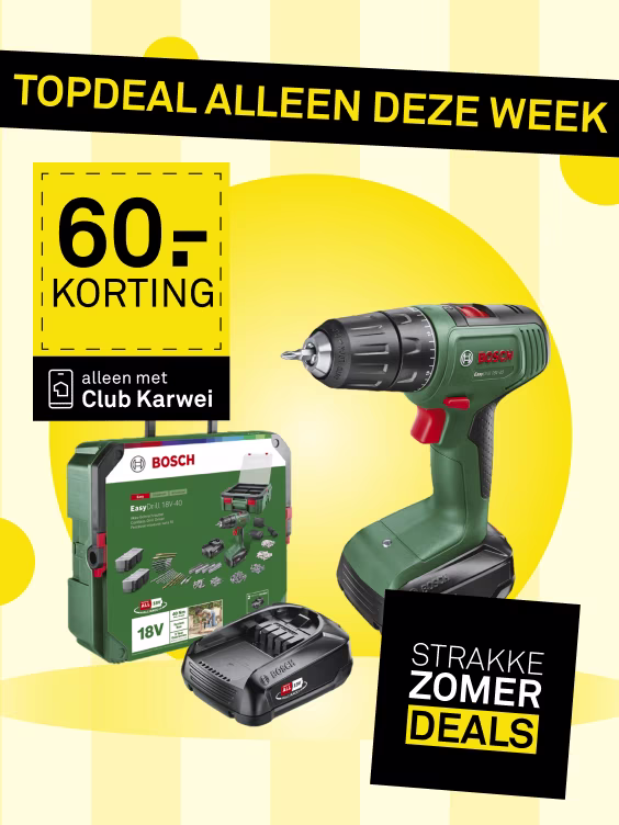Bosch EasyDrill 18V-40 accuboormachine in groen met koffer en accu, aanbieding met 60 euro korting via Club Karwei. 