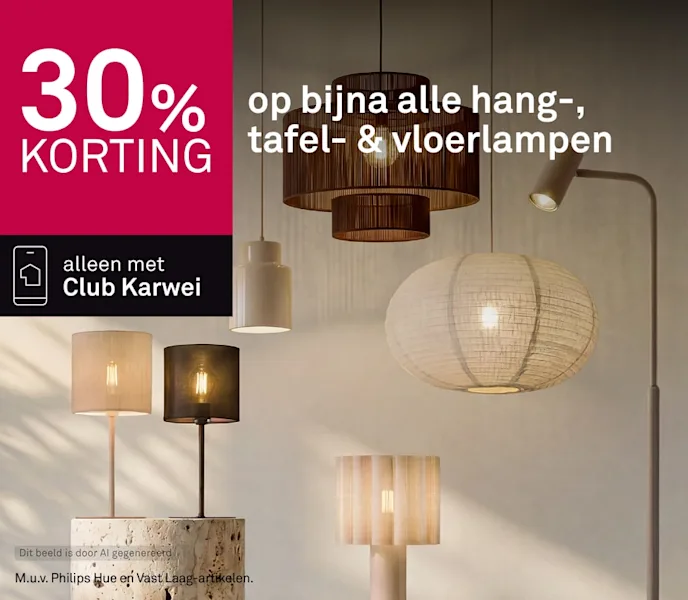 30% korting op bijna alle hang-, tafel- & vloerlampen