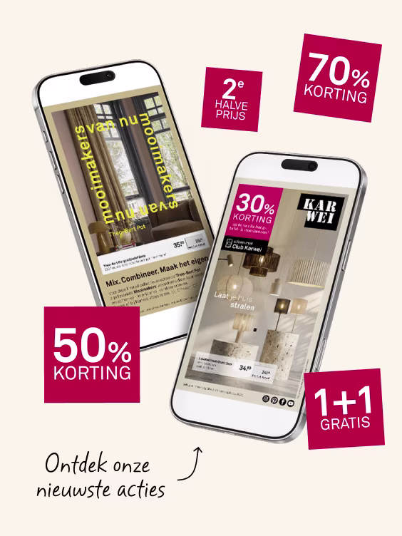 Twee smartphones tonen meubelacties met kortingslabels: 50%, 30% korting, 2e halve prijs en 1+1 gratis aanbiedingen.