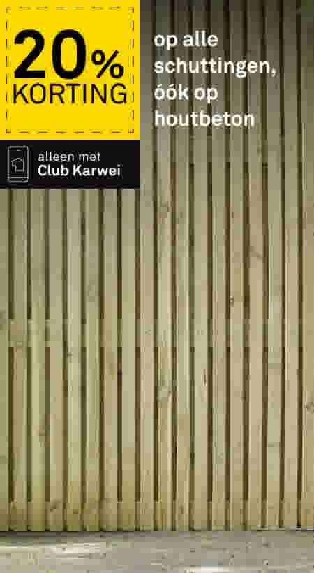 20% korting op alle schuttingen, ook op houtbeton, alleen met Club Karwei. Achtergrond toont een houten schutting.