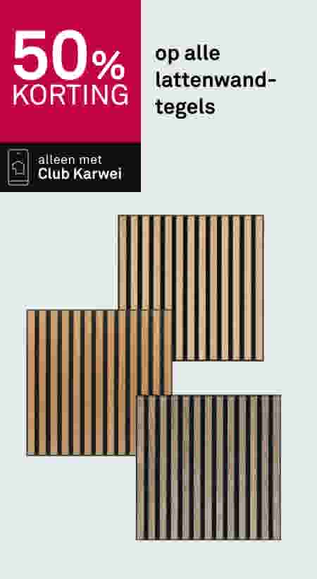 50% korting op alle lattenwandtegels, alleen met Club Karwei. Drie vierkanten met verticale strepen getoond.