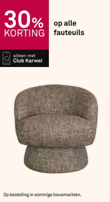 Bruine gestoffeerde fauteuil met 30% korting, alleen met Club Karwei op alle fauteuils.