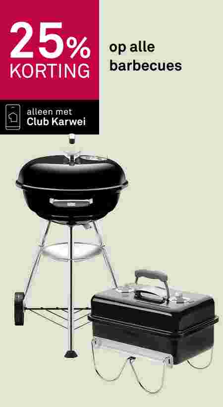 Twee zwarte barbecues: een staande kogelbarbecue op wielen en een compacte draagbare barbecue. Tekst: 25% korting op alle barbecues.