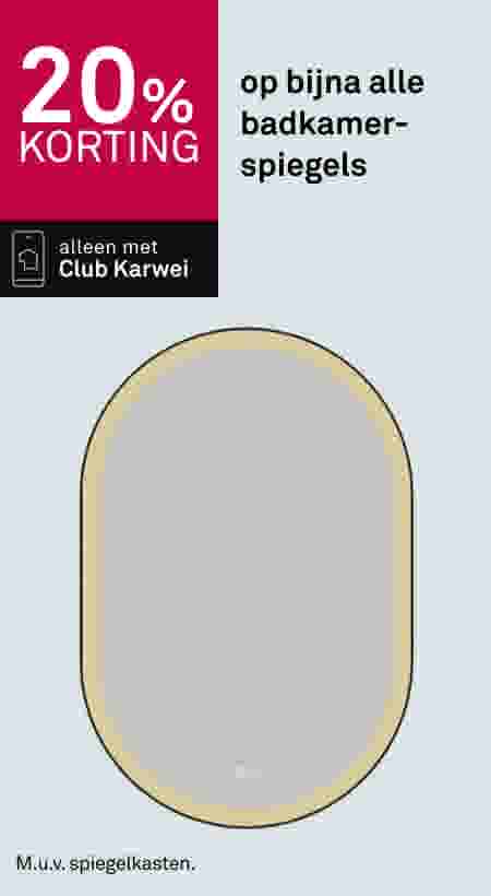20% korting op bijna alle badkamerspiegels, alleen met Club Karwei. Ovale spiegel met gouden rand afgebeeld.