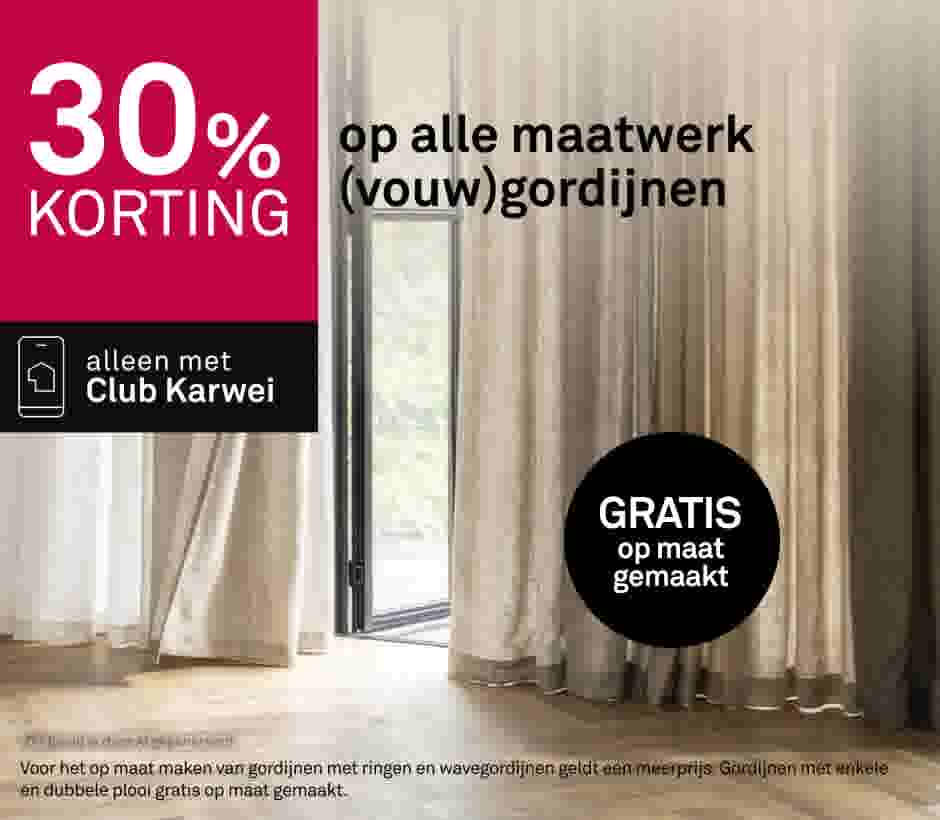 30% korting op alle maatwerk (vouw)gordijnen. Alleen met Club Karwei. Beige gordijnen bij een raam.