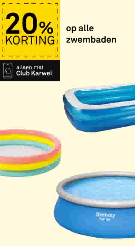 20% korting op alle zwembaden bij Club Karwei. Drie opblaasbare zwembaden: blauw rechthoekig, regenboog kinderbad en blauwe Bestway Fast Set.