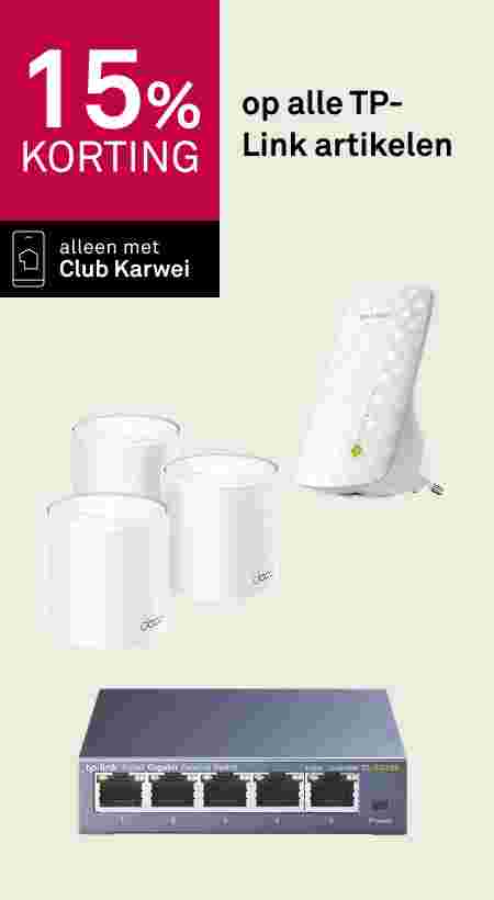 15% korting op TP-Link artikelen: Deco mesh routers, wifi-versterker en een 5-poorts gigabit switch, alleen met Club Karwei.