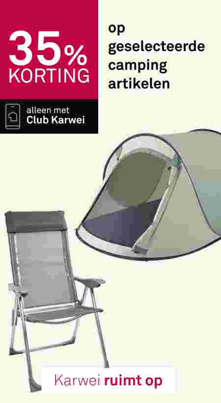 35% korting op campingartikelen bij Karwei: groene pop-up tent en grijze campingstoel, alleen met Club Karwei.