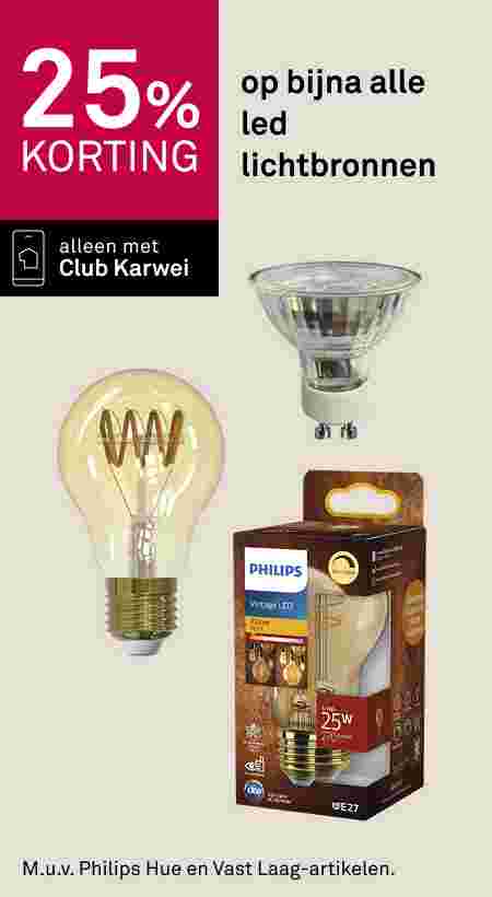 25% korting op bijna alle LED lichtbronnen bij Club Karwei. Afgebeeld: vintage gloeilamp, GU10 spot en Philips Vintage LED verpakking.
