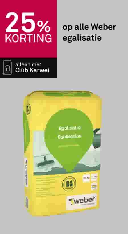 25% korting op alle Weber egalisatie producten, alleen met Club Karwei, gele verpakking met groene details afgebeeld.