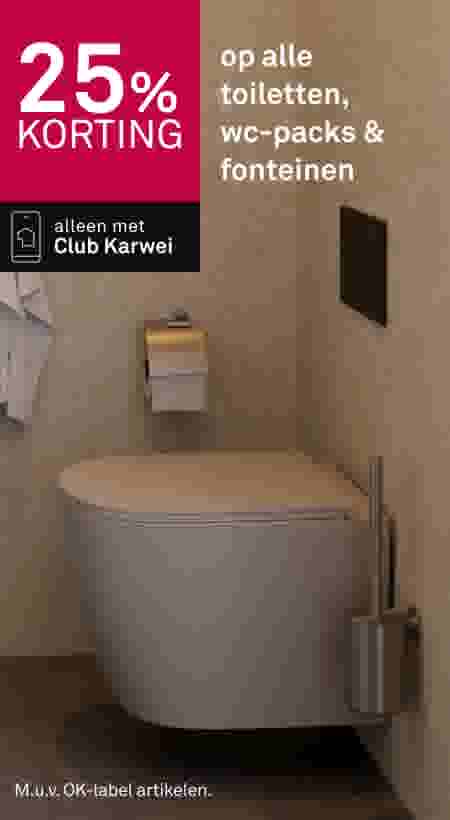 25% korting op alle toiletten, wc-packs en fonteinen met Club Karwei in een moderne badkamer met beige tinten.