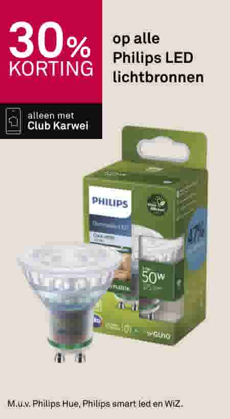 30% korting op alle Philips LED lichtbronnen, alleen met Club Karwei. Dimbare GU10 LED lamp met verpakking getoond.