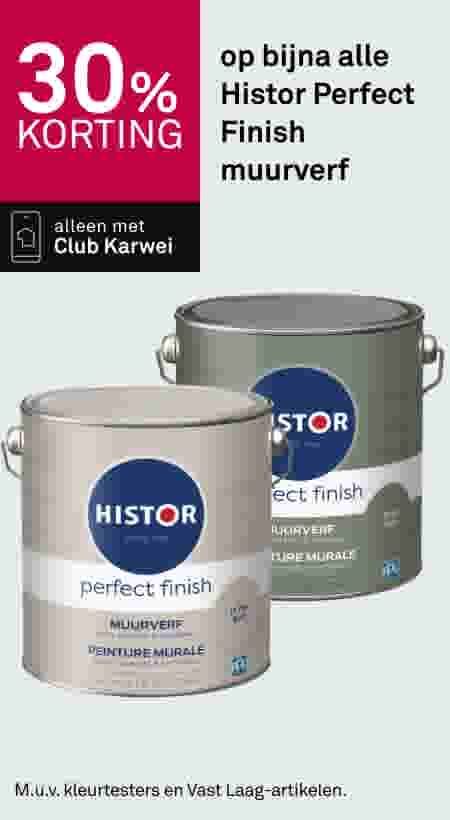 Twee verfblikken Histor Perfect Finish muurverf met 30% kortingsbanner en Club Karwei logo op roze achtergrond.
