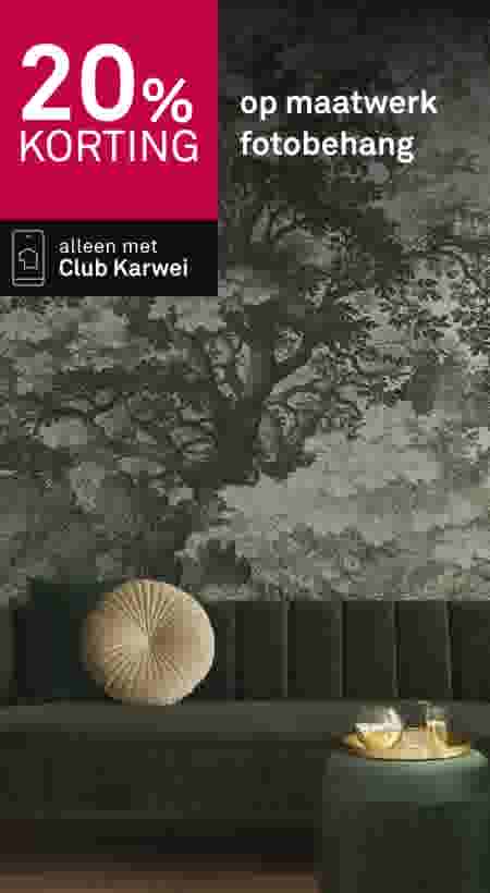 20% korting op maatwerk fotobehang. Alleen met Club Karwei. Groene bank met gouden kussen tegen botanische fotobehang.