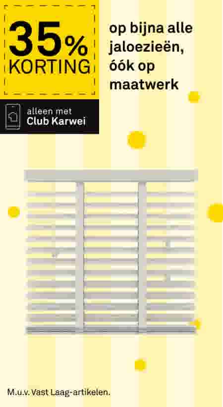 35% korting op bijna alle jaloezieën, ook op maatwerk. Alleen met Club Karwei. Afbeelding van witte jaloezie op gele achtergrond.