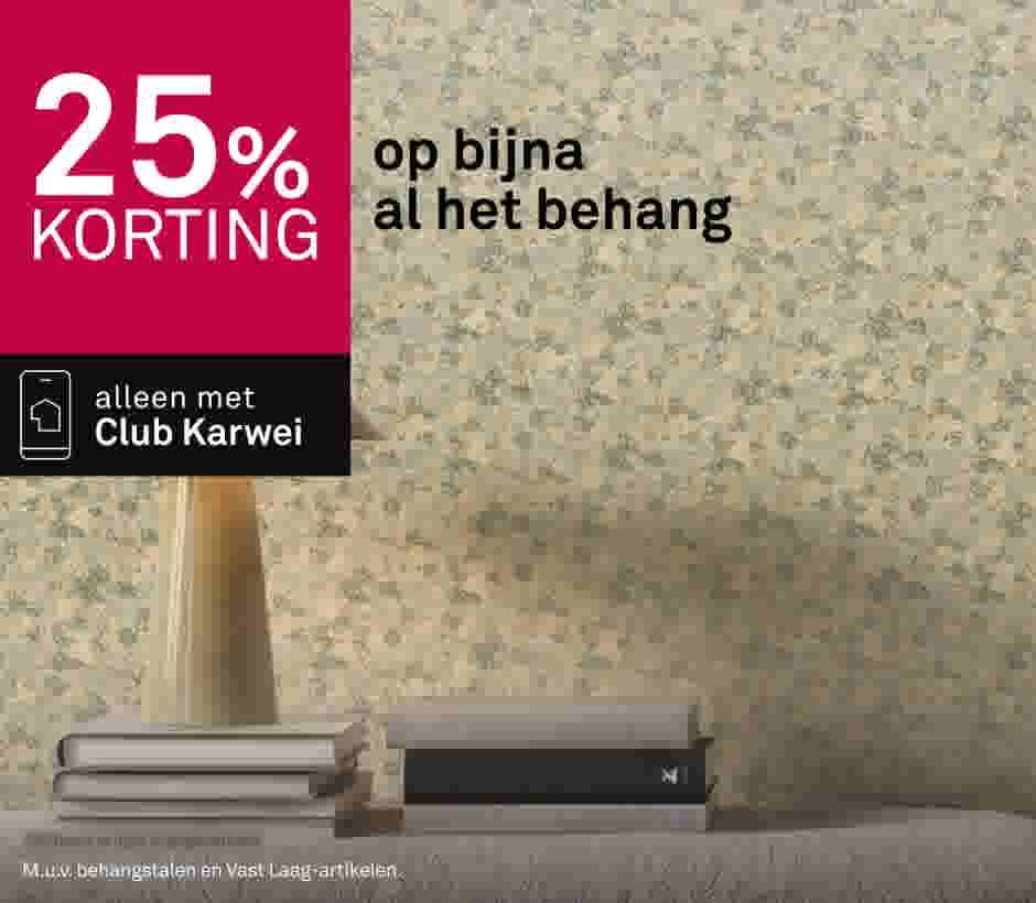25% korting op bijna al het behang, alleen met Club Karwei, met gestapelde boeken en lamp tegen behangachtergrond