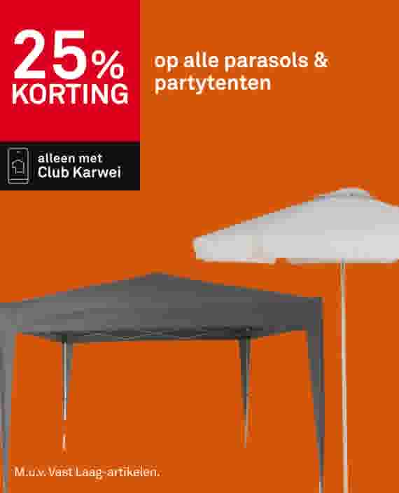 25% korting op alle parasols, schaduwdoeken & partytenten