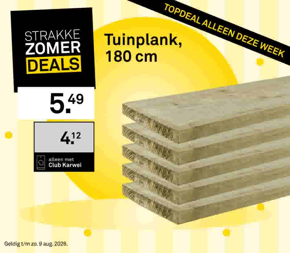Stapel houten tuinplanken van 180 cm, aangeboden als zomerdeal voor €5,49 of €4,12 met Club Karwei.