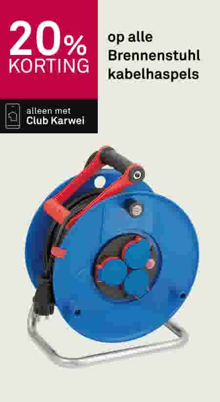 Blauwe Brennenstuhl kabelhaspel met rode handgreep, 20% korting alleen met Club Karwei app.