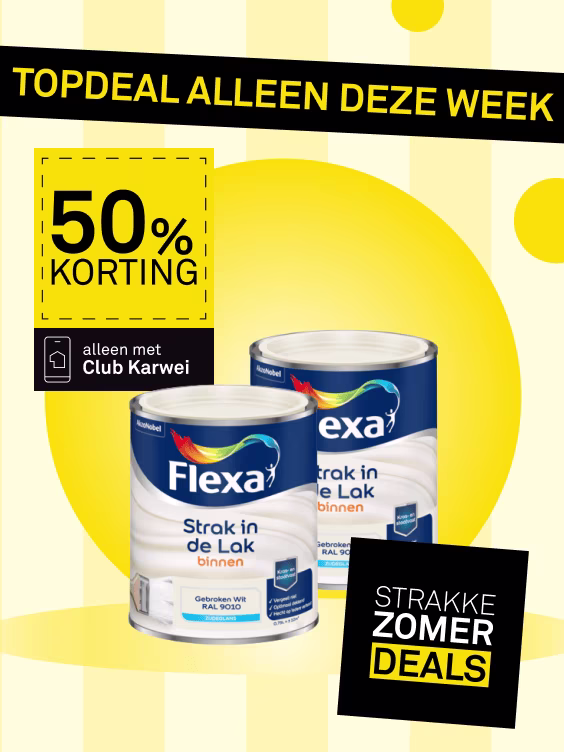 Twee blikken Flexa Strak in de Lak Binnen, Gebroken Wit. Aanbieding: 50% korting, alleen met Club Karwei.