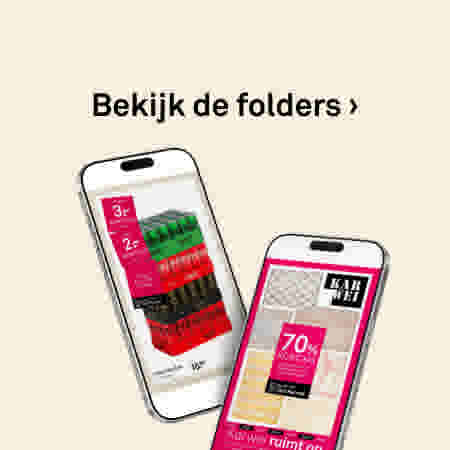 Twee smartphones tonen Karwei folders met kortingsaanbiedingen van 35% en 30% op een beige achtergrond.