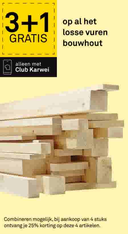 Stapel licht vuren bouwhout op gele achtergrond. Promotie: 3+1 gratis op los bouwhout, alleen met Club Karwei.