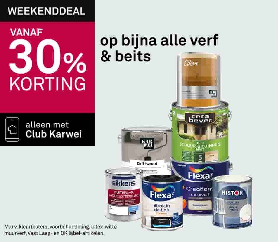 Weekenddeal: 30% korting op bijna alle verf en beits met Club Karwei, diverse verfblikken en bussen afgebeeld.