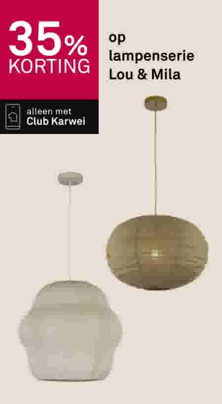 35% korting op lampenserie Lou & Mila, alleen met Club Karwei. Twee hanglampen getoond op beige achtergrond.