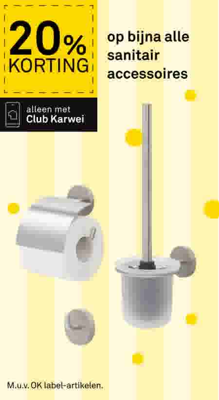 20% korting op sanitair accessoires bij Club Karwei: toiletrolhouder, wc-borstel en haakje in zilvergrijs op gele achtergrond.