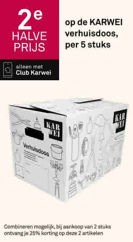 2e halve prijs op de KARWEI verhuisdoos per 5 stuks. Alleen met Club Karwei. Witte KARWEI verhuisdoos met zwarte illustraties van huishoudelijke voorwerpen.