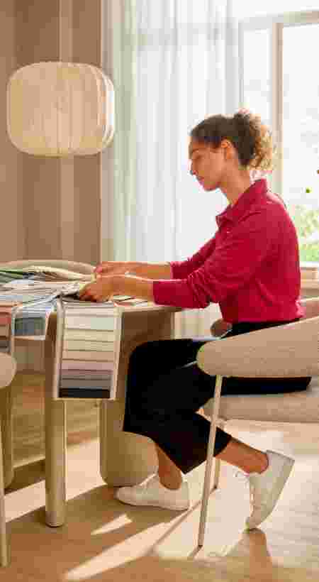 Karwei Specialist zit met raamdecoratie kleurstalen aan een houten ronde tafel