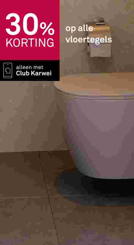 30% korting op alle vloertegels, alleen met Club Karwei. Moderne toilet op grijze vloertegels met steenlook.