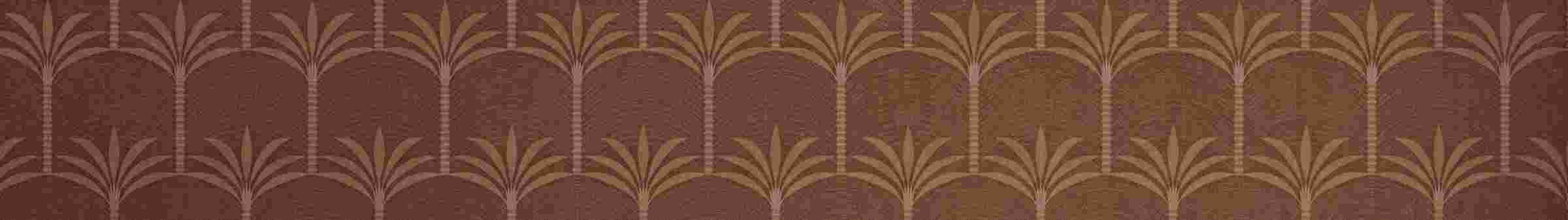 Bruin art deco behangpatroon met herhalende palmboom motieven in verticale bogen en beige tinten.