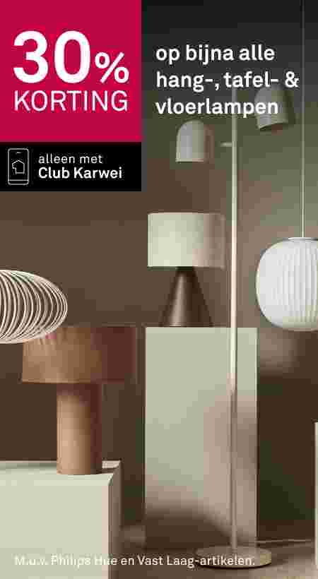 Diverse lampen in warme tinten: tafellampen, vloerlamp en hanglampen. Tekst: 30% korting op hang-, tafel- en vloerlampen, alleen met Club Karwei.