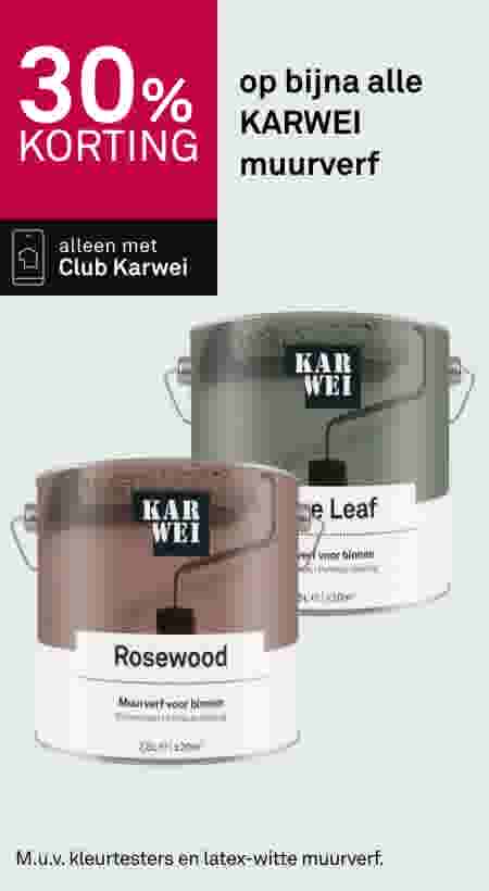 30% korting op KARWEI muurverf, twee verfblikken in kleuren Rosewood en Olive Leaf, alleen met Club Karwei