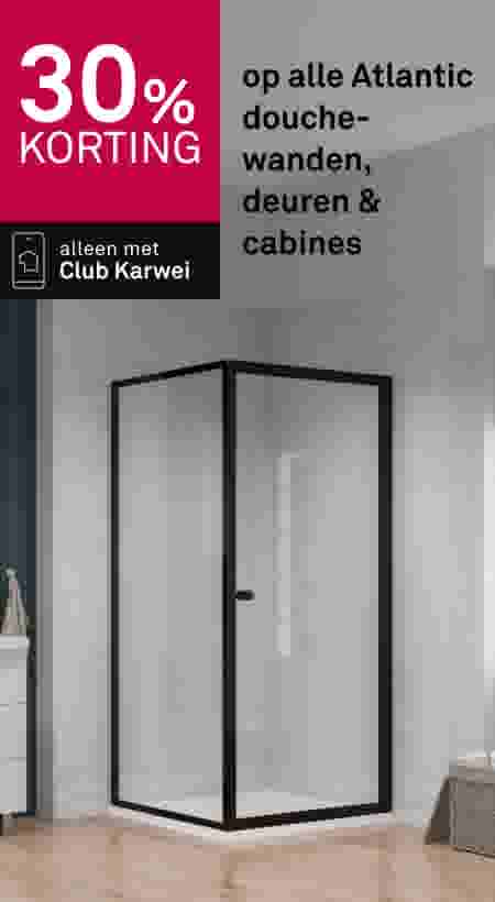 30% korting op Atlantic producten. Alleen met Club Karwei. Moderne badkamer met zwart omlijste glazen douchewand.