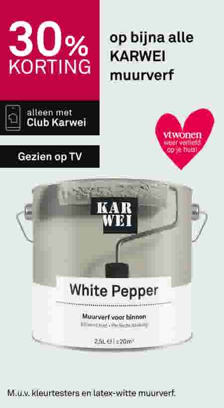 30% korting op KARWEI muurverf White Pepper met Club Karwei, verfemmer van 2,5 liter afgebeeld.