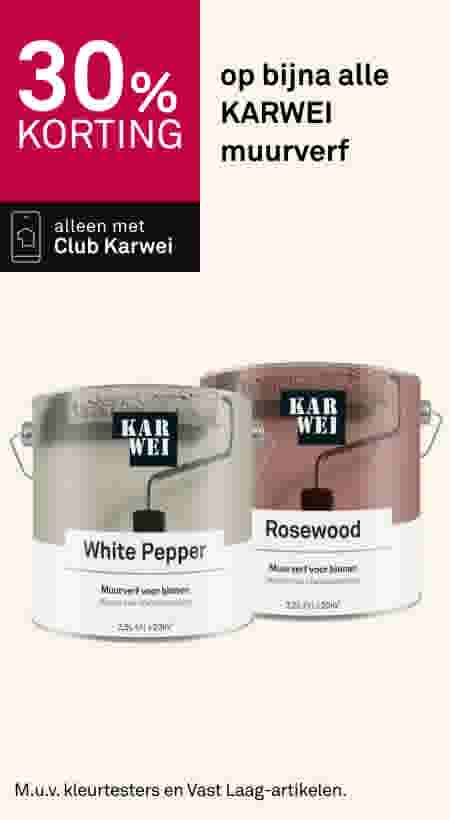 30% korting op bijna alle KARWEI muurverf. Alleen met Club Karwei. Twee verfblikken White Pepper en Rosewood.